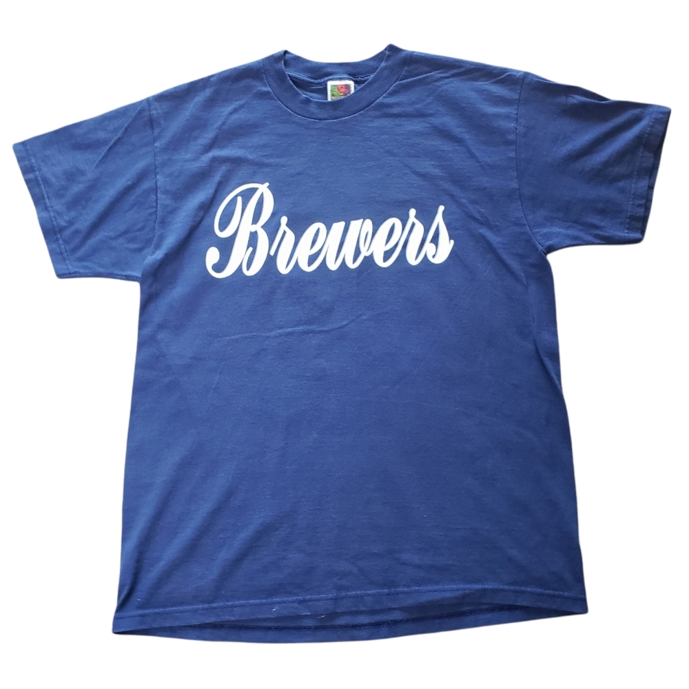 Brewers Jersey Shirt Baseball Fruit of the Loom Large Navy Blue Short Sleeve